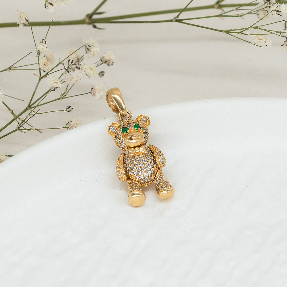 Dije De Oro 18k Oso Con Piedras Blancas y Verdes - Ancho Frontal 1cm