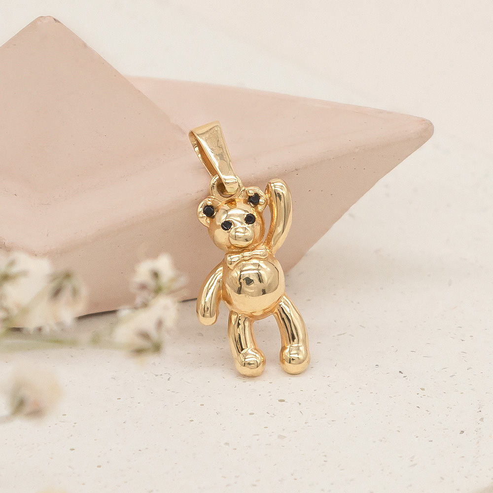 Dije De Oro 18k Oso Con Piedras Negras - Ancho Frontal 5mm