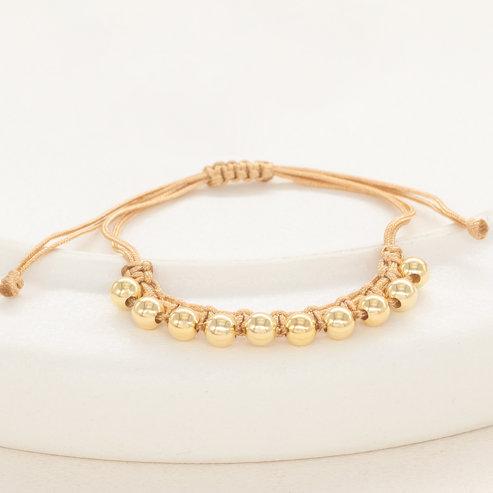 Pulsera Oro 18k Macramé Con Esferas Lisas 5mm Hilo Café, Diseño Egipcio