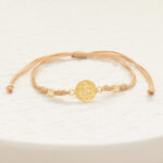 Pulsera Oro 18k Tejida Con Herraje San Benito, Esferas Lisas 4mm Hilo Café