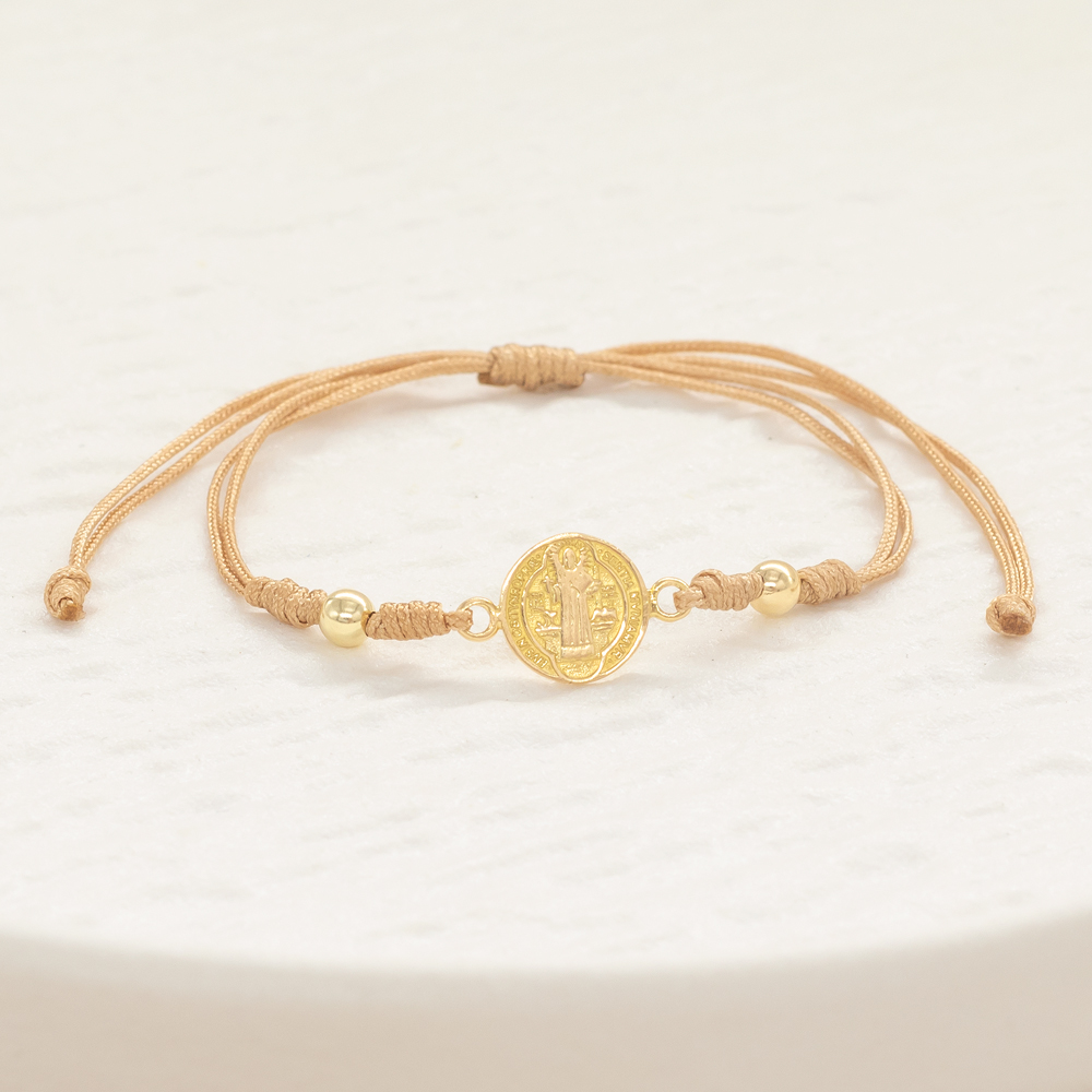 Pulsera Oro 18k Tejida Con Herraje San Benito, Esferas Lisas 4mm Hilo Café