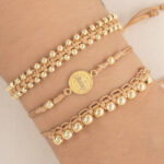 Pulsera Oro 18k Tejida Con Herraje San Benito, Esferas Lisas 4mm Hilo Café - Imagen 2