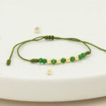 Pulsera Oro 18k Tejida Con Piedras Verdes, Esferas Lisas 4mm, Hilo Verde