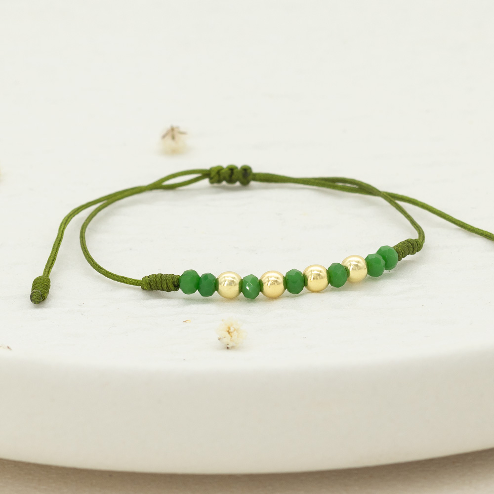 Pulsera Oro 18k Tejida Con Piedras Verdes, Esferas Lisas 4mm, Hilo Verde