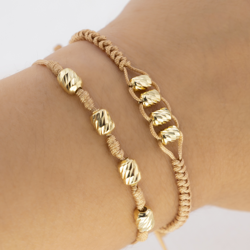 CL02-02_2.jpg Pulsera De Oro 18k Macramé Con Cilindros Diamantados 7mm Hilo Café, Diseño Egipcio 1,4gr - Imagen 2