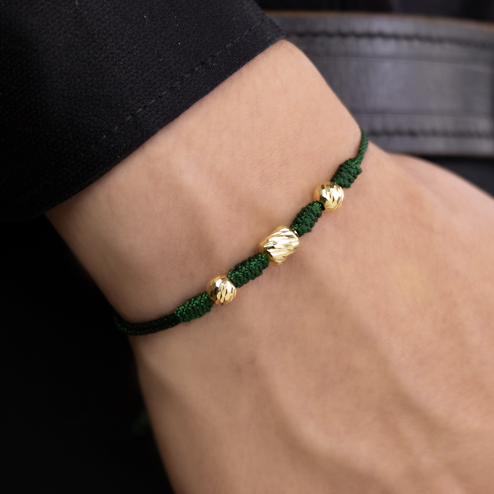 CL04-02_2.jpg Pulsera De Oro 18k Macramé Con Cilindros Diamantados 8mm Hilo Verde 0,93gr - Imagen 2