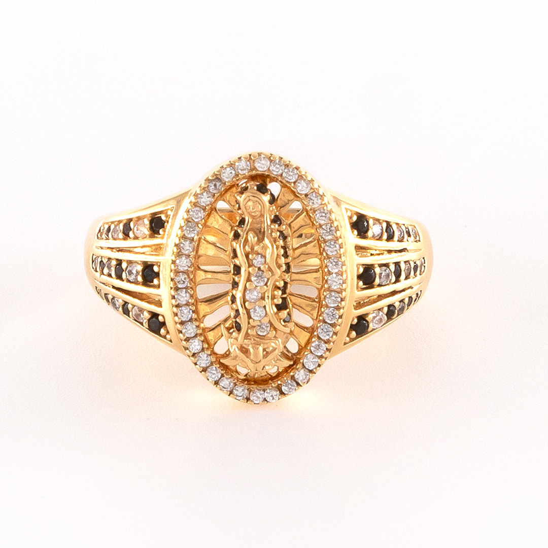 Anillo De Oro 18k Guadalupe Con Piedras Blancas y Negras 7,8Gr