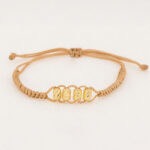 Pulsera De Oro 18k Macramé Con Cilindros Diamantados 6mm Hilo Café, Diseño Egipcio 1,08gr