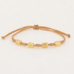 Pulsera De Oro 18k Macramé Con Cilindros Diamantados 7mm Hilo Café, Diseño Egipcio 1,4gr