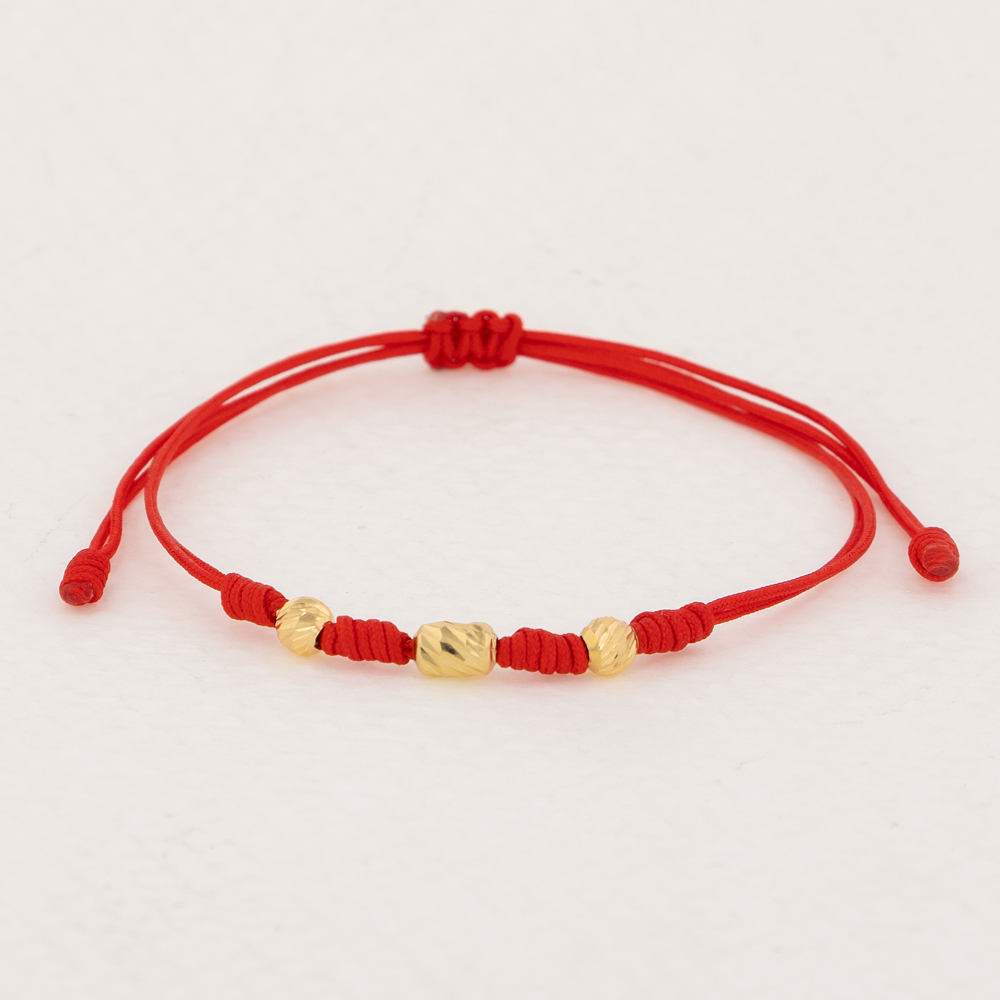 Pulsera De Oro 18k Macramé Con Cilindros Diamantados 6mm Hilo Rojo 0,42gr