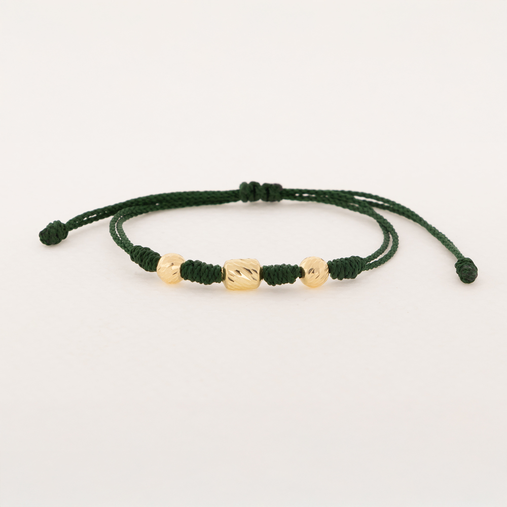 Pulsera De Oro 18k Macramé Con Cilindros Diamantados 8mm Hilo Verde 0,93gr