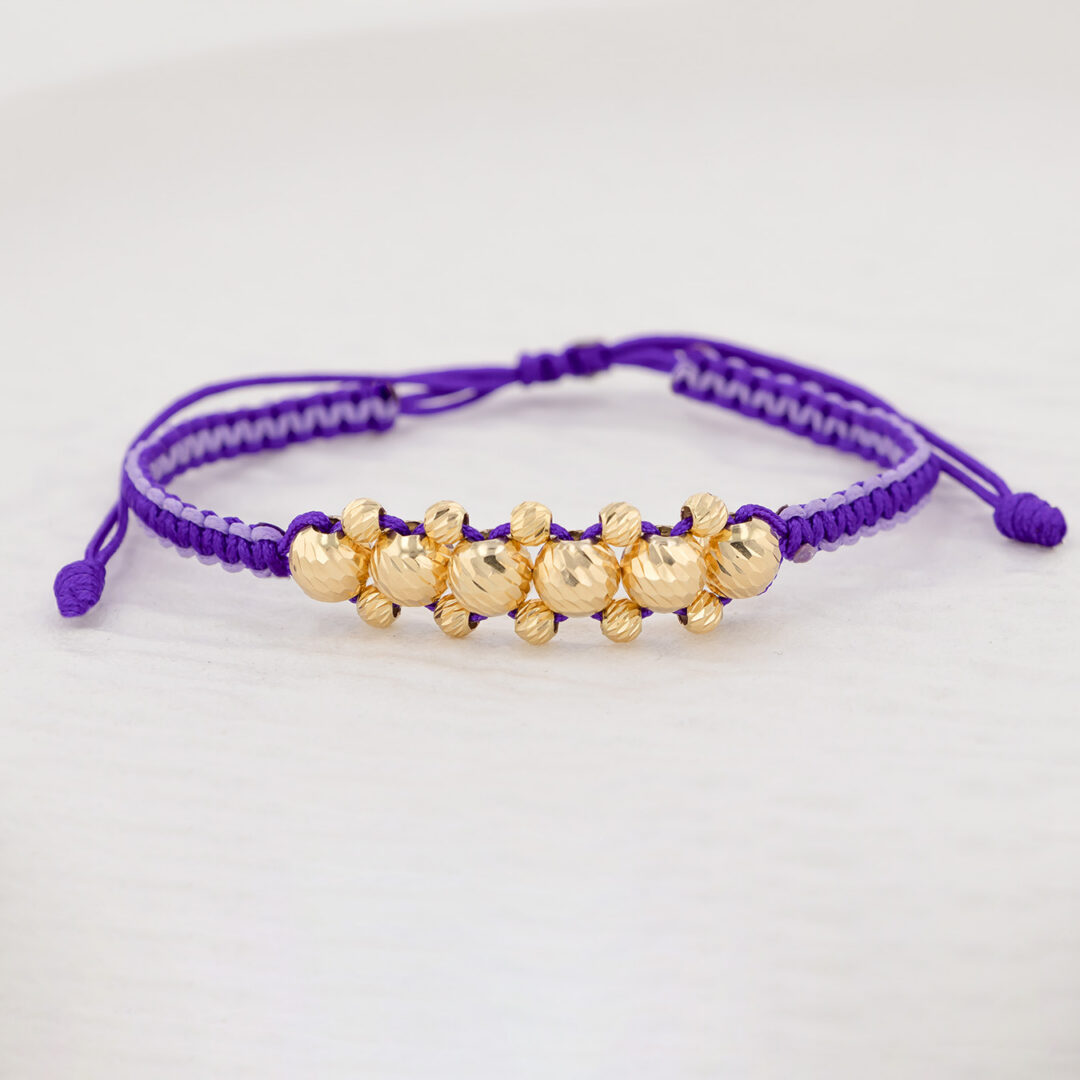 Pulsera De Oro 18k Macramé Con 6 Esfera 6mm Diamantada, Hilo Morado 0,6gr. Largo 19cm
