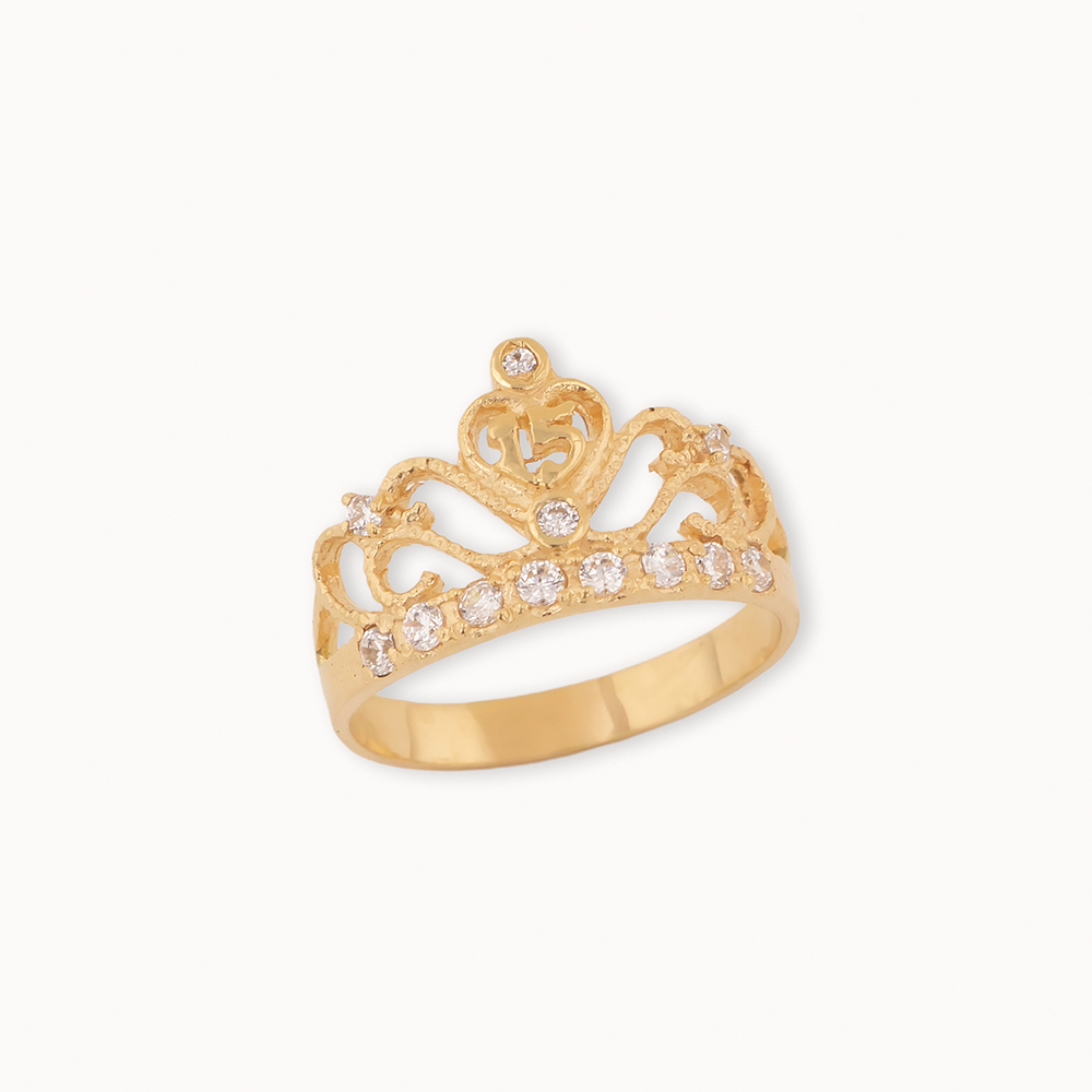 0000119982-02.jpg Anillo De Oro 18k Qunce Años Con Forma De Corona Con Piedras Blancas - Imagen 1