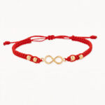 Pulsera De Oro 18k Con 4 Esferas 4mm, Hilo Rojo y Herraje Infinito