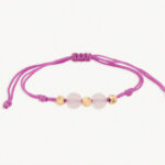 Pulsera Oro 18K Con 2 Esferas Diamantadas 4mm Tejida Con Hilo Rosado
