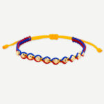 Pulsera Oro 18K Con 10 Esferas Diamantadas 4mm Tejida Con Hilo Tricolor